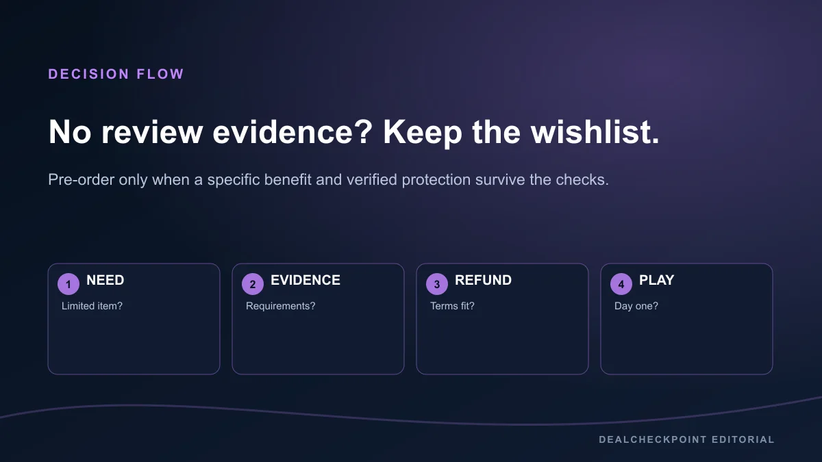 PC game pre-order decision flow based on scarcity, evidence, refunds and launch plans