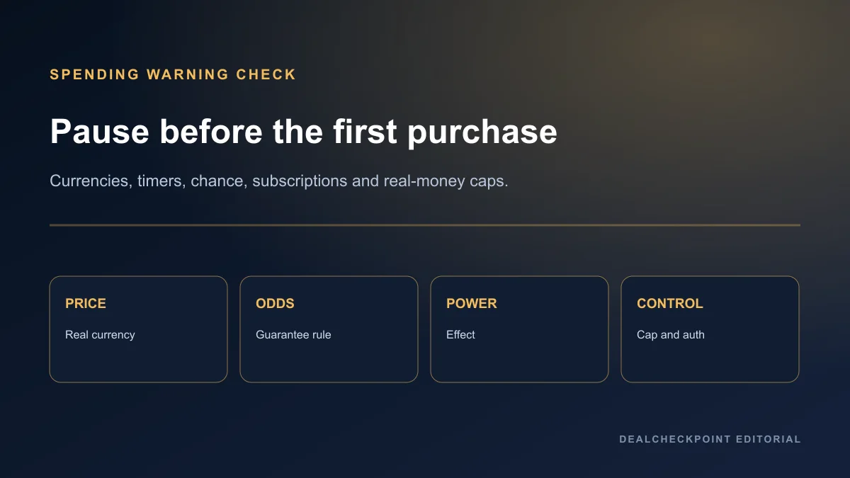 Spending-warning checklist for currencies, timers, random rewards, subscriptions, power, and refunds