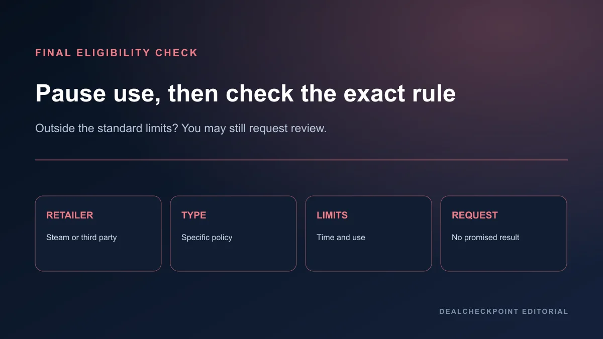Steam refund eligibility flowchart checking retailer, purchase type, time, runtime, use, transfer, and support submission