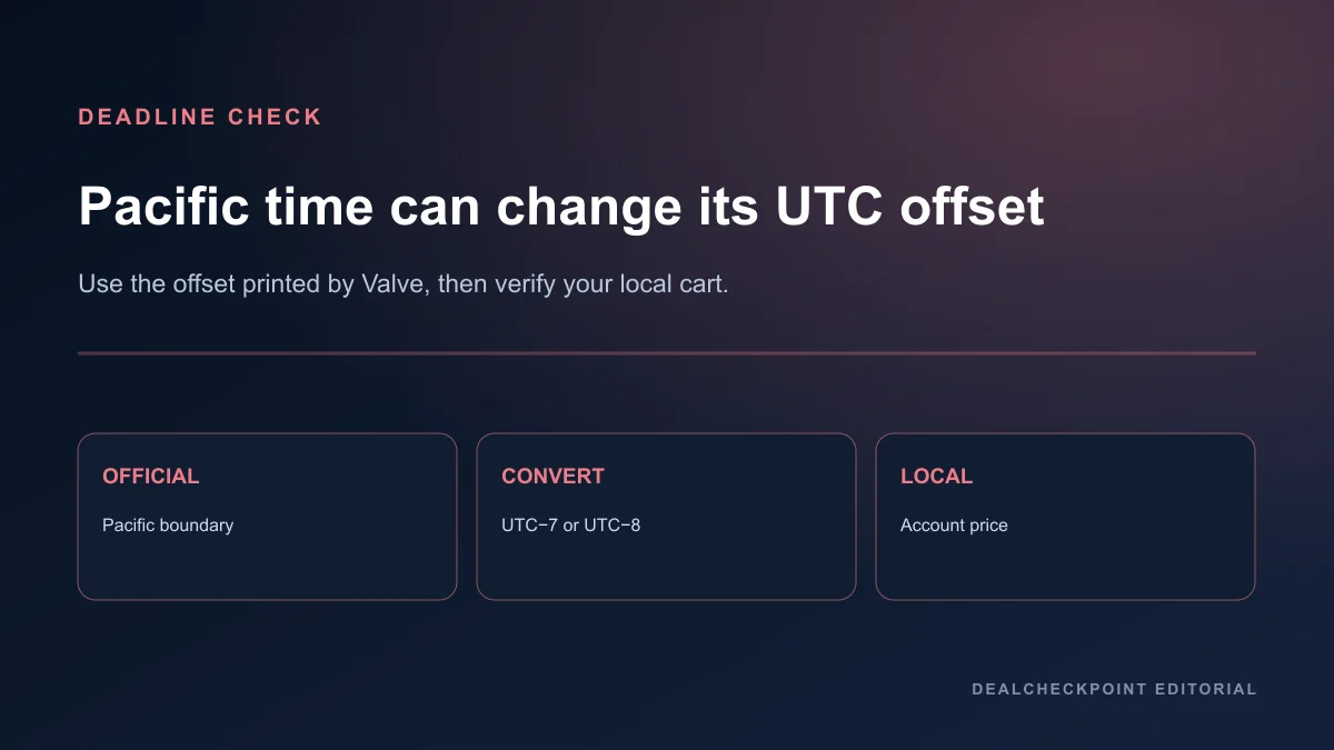 Timezone diagram converting an official Pacific sale deadline to UTC before a local account check