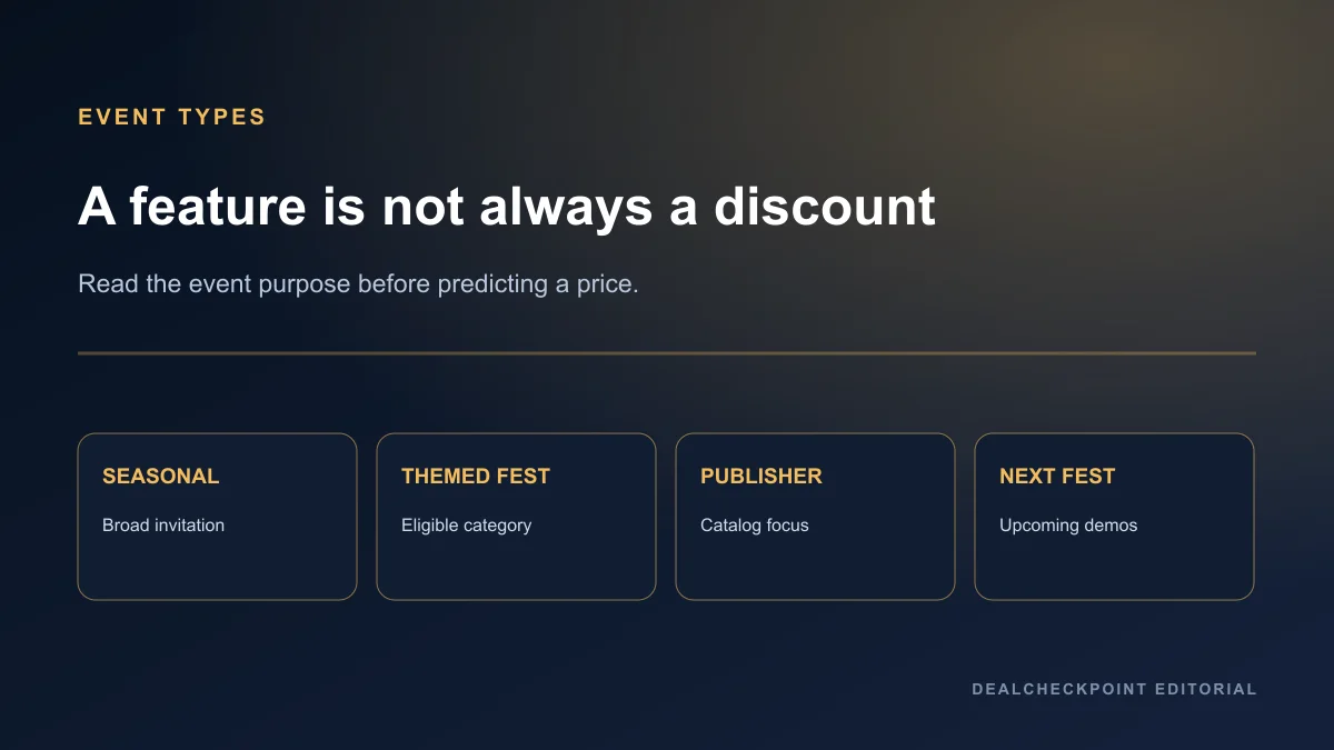 Comparison of Steam seasonal sales, themed Fests, publisher promotions, and Next Fest