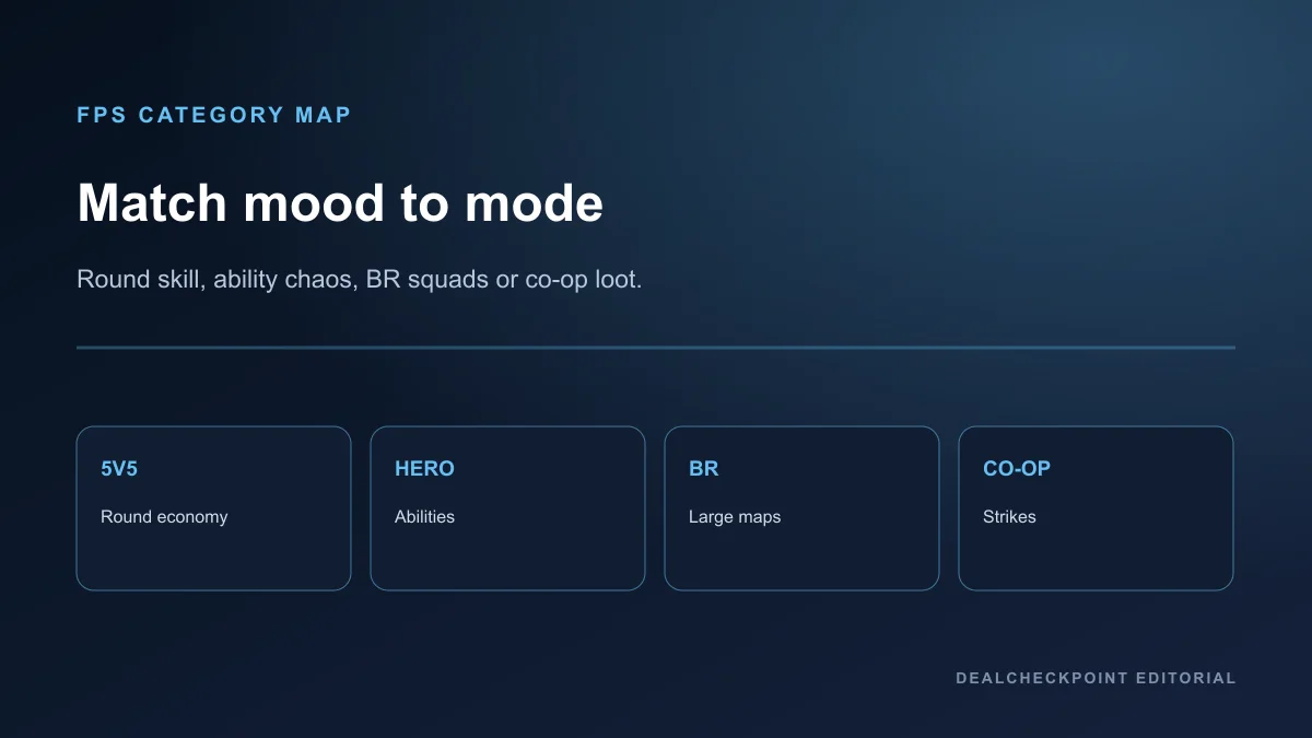 Editorial comparison of tactical, hero, large-scale and looter-shooter free FPS categories