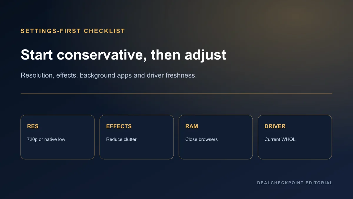 Settings-first checklist for resolution, effects, background apps and graphics drivers