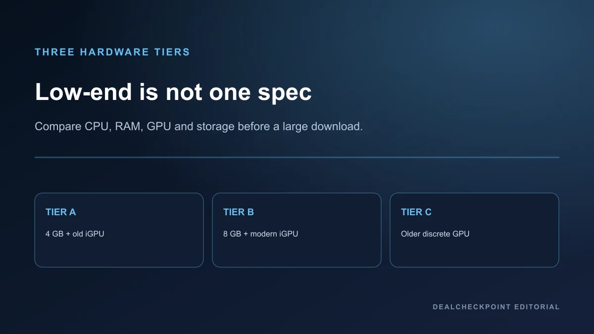 Three editorial hardware tiers from very modest integrated graphics to older discrete GPUs
