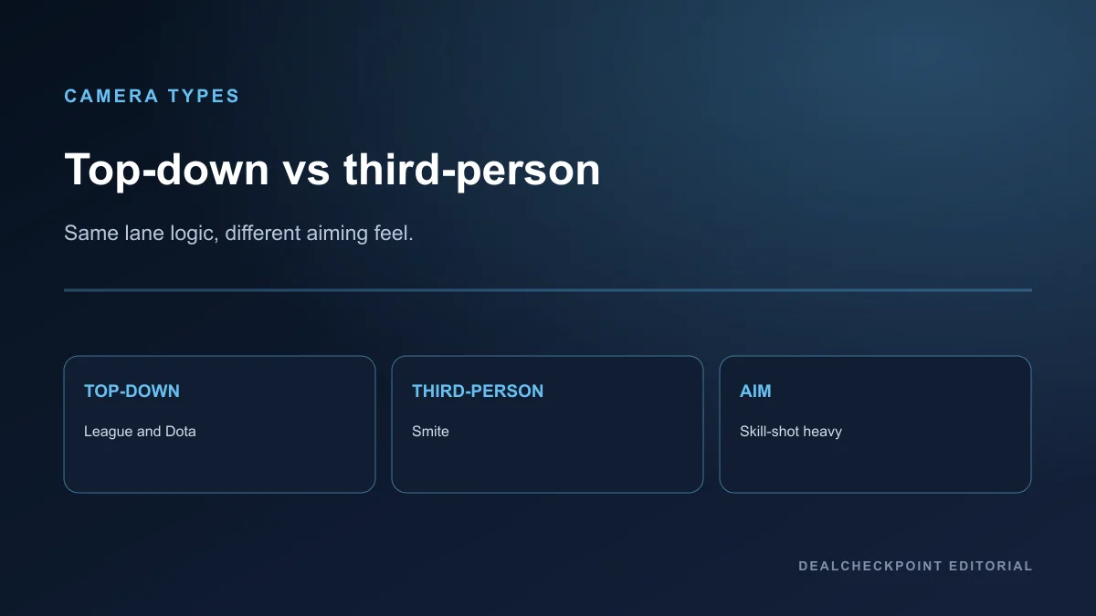Editorial diagram comparing top-down and third-person MOBA cameras