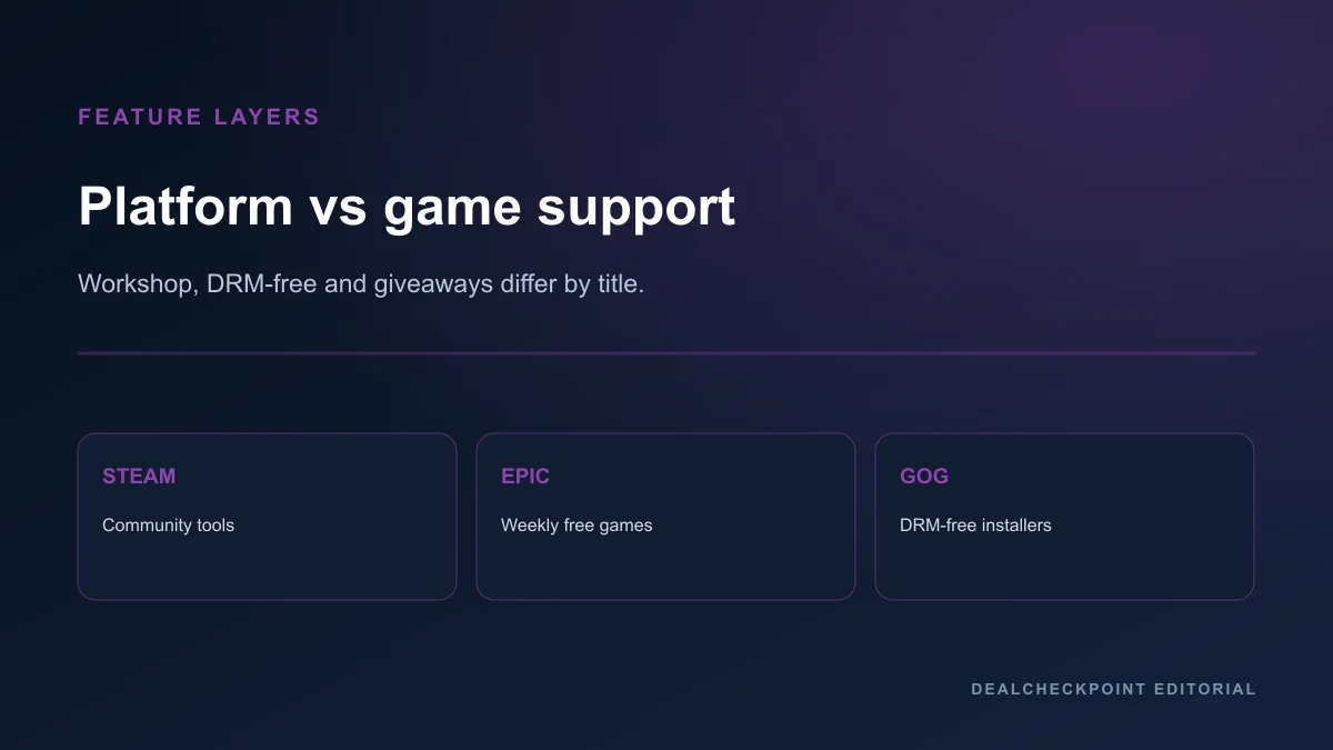 Editorial feature matrix comparing Steam Epic and GOG platform capabilities