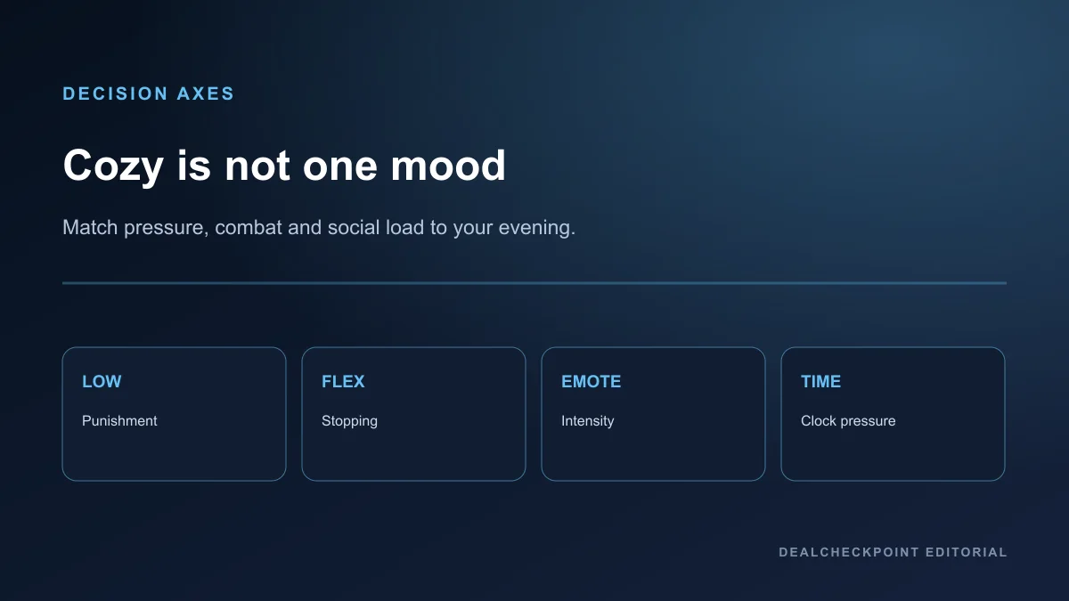Decision axes for choosing cozy PC games after work