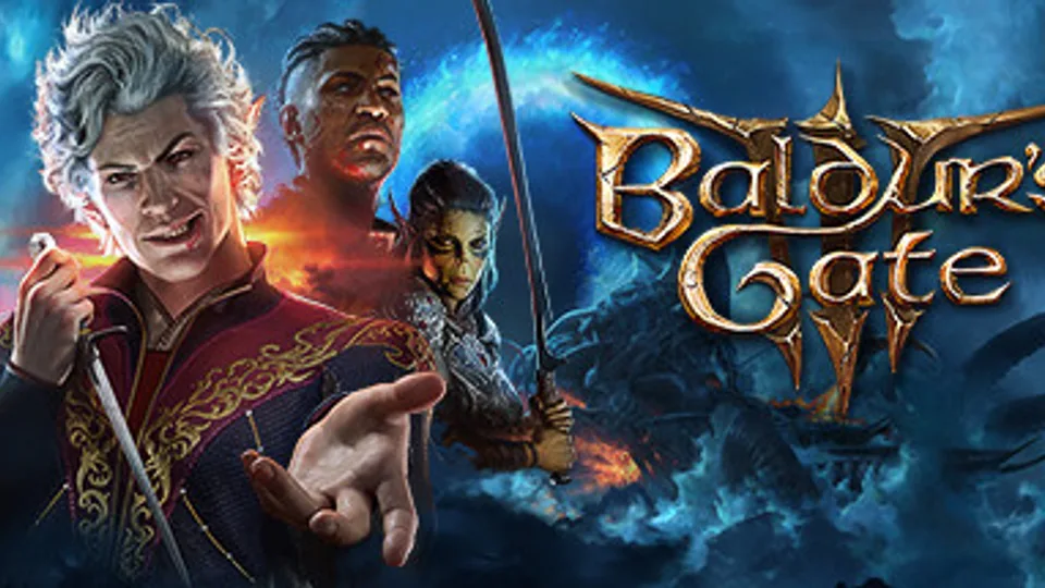 Baldur's Gate 3 adventuring party gathered in a fantasy landscape