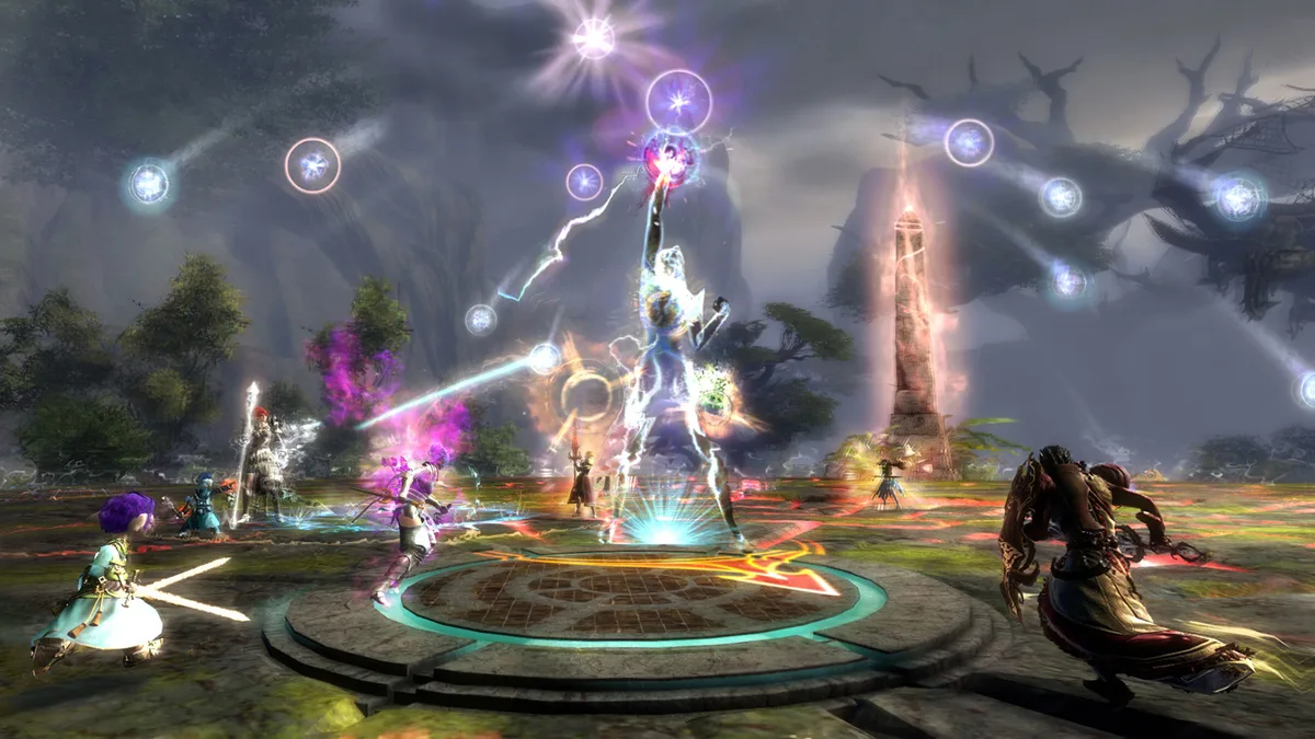 Players exploring a large open-world environment in Guild Wars 2.