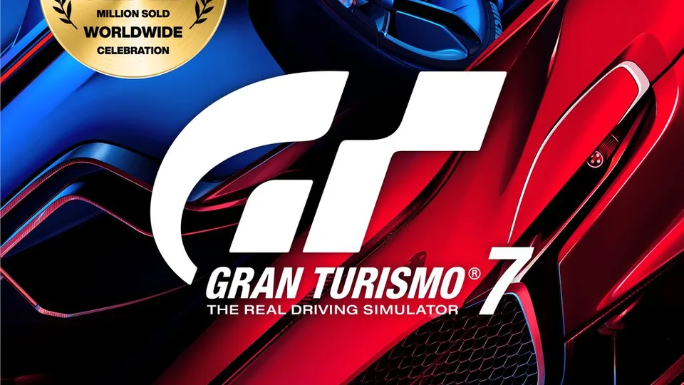 Race cars competing on a track in Gran Turismo 7.