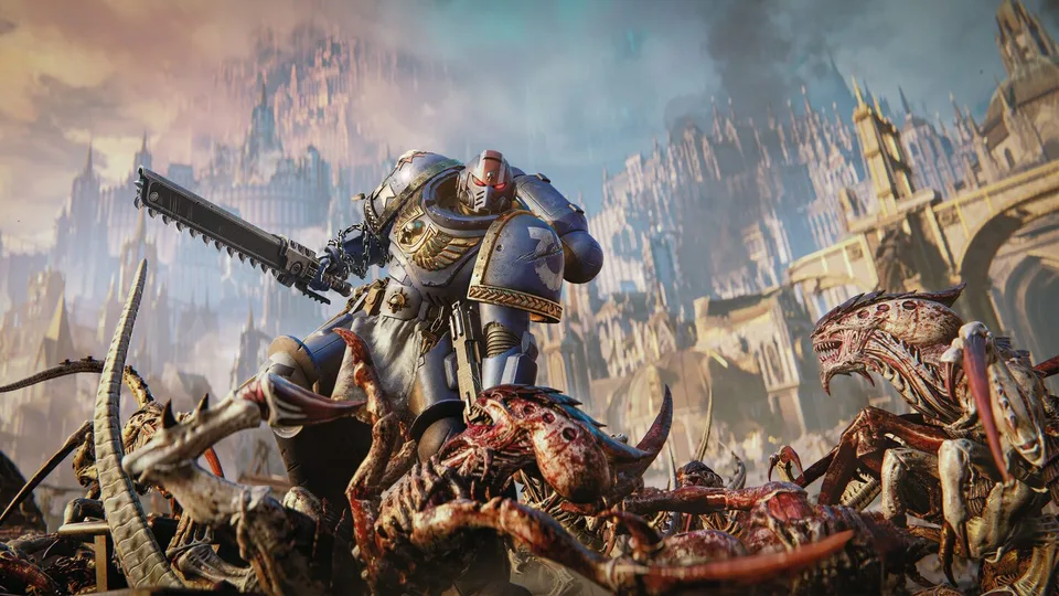 Space Marines battling enemies in Warhammer 40,000: Space Marine 2.